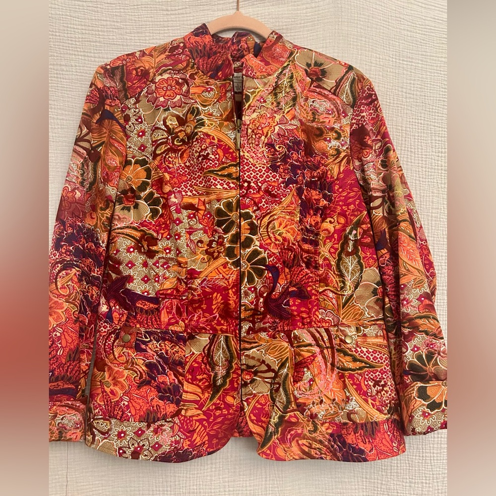 Coldwater Creek Red & Orange Print Zip Front Jacket Sz L Large nwt